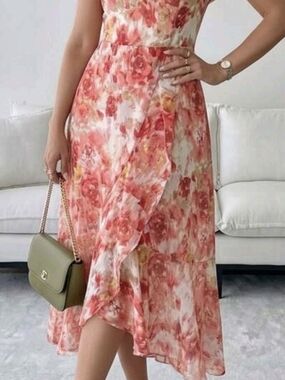 SHEIN Coral Pink Floral Wrap Midi Dress